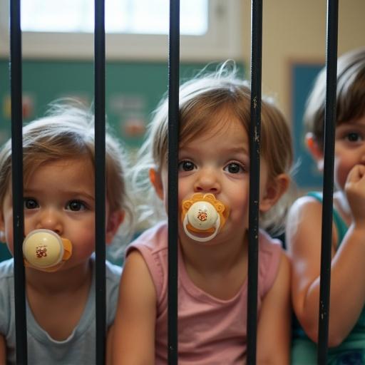 Children are sitting in a classroom setting during recess. They have large pacifiers in their mouths. The scene captures a playful and innocent atmosphere.