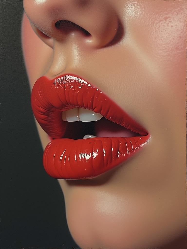 Realistic painting focusing on a woman's lips showcasing vivid colors and textures. Emphasis on artistic interpretation without surrounding features. Close-up view highlighting details and color.