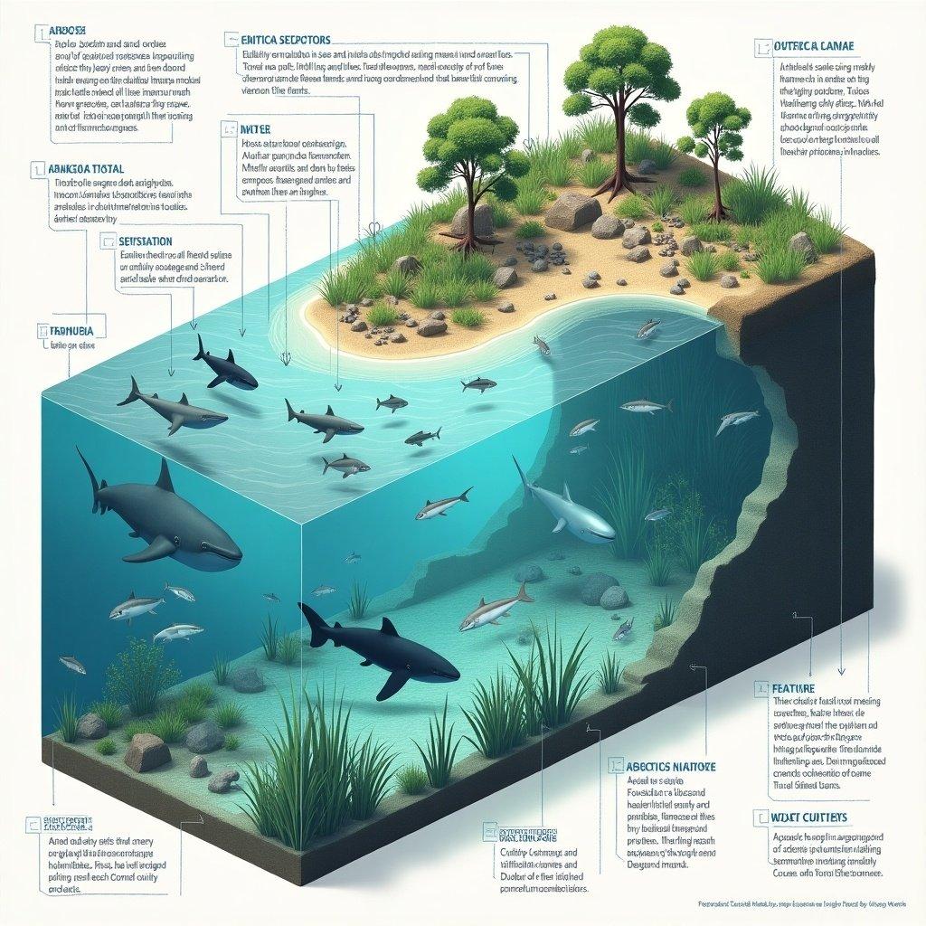 Illustration of a vaquita zoo exhibit. It includes four biotic factors: Totoaba, Sharks, Whales, and Reef fish. Highlight four plants: Algae, Salt Marsh, Mangroves, and seagrasses. Incorporate abiotic factors like Water salinity, light penetration, Water temperature, and Dissolved Oxygen Levels. Show enrichment features such as Artificial seagrass beds, Feeding puzzles, Bubble Curtains, Water Currents, and Light and Shadow Projections. Depict the vaquitas and their ecosystem with labels.