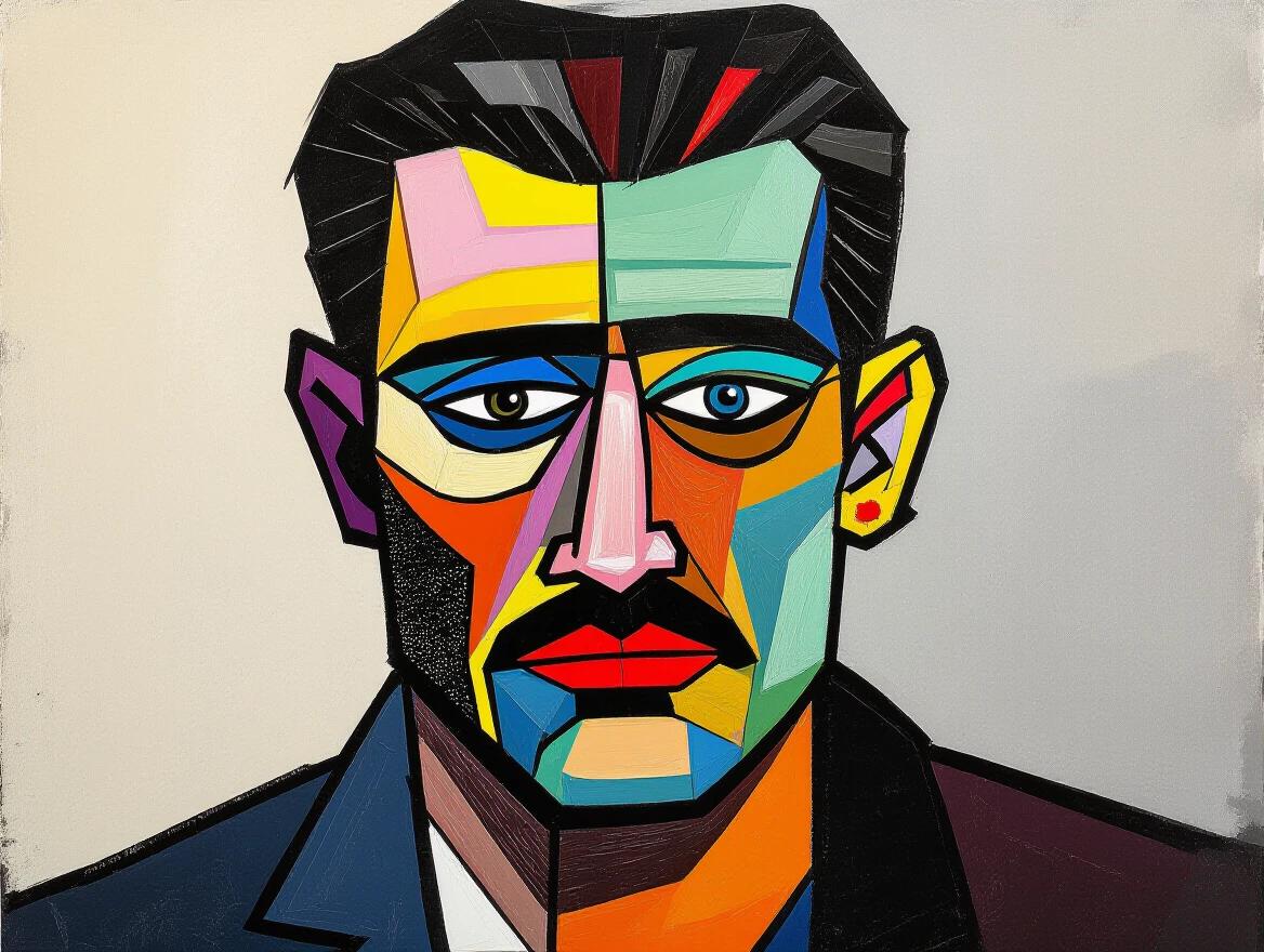 Work features raw quality painted with fat dense strokes of grease paint. It completely rejects digital technology and embraces analog methods. The character is depicted with bold styles and vibrant colors against a muted background.