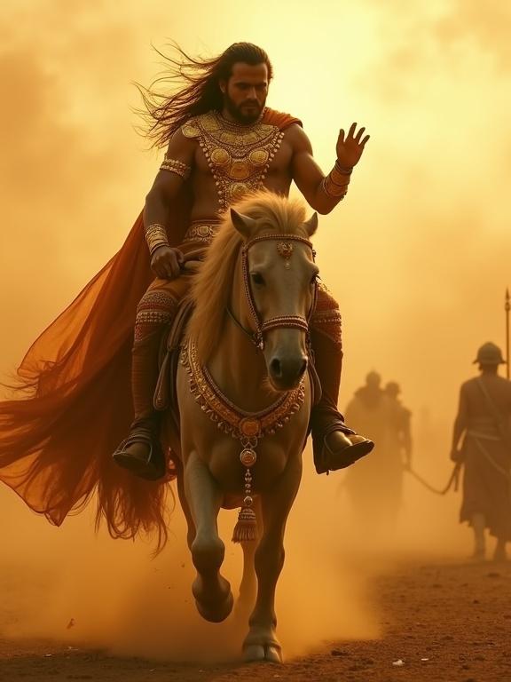 Karna rides a horse in a golden battlefield. Dust swirls around him as he approaches Bhishma. Hair flows in the wind. Bhishma raises his hand to stop Karna. Karna looks down in pain yet maintains dignity. The atmosphere is thick with tension and honor.