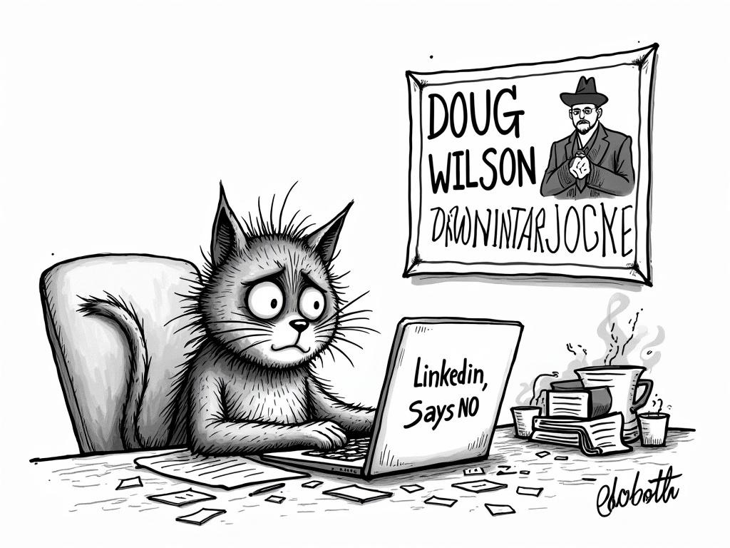 Black and white cartoon in underground style. Frustrated cat with messy hair and sweat at a desk covered in coffee stains and papers. Laptop screen shows 'LinkedIn Says No'. In the background, a poster of a reverend resembling Doug Wilson. Detailed line drawing, hand-drawn look, landscape format.