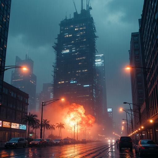 Blown up cyberpunk mega corporation HQ during the night. Strong rain pours. An explosion occurs at the building base.