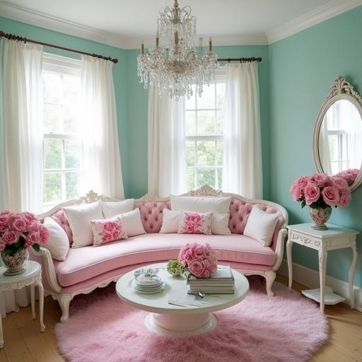 Cottagecore style living room features light aqua walls and white floor to ceiling windows with sheer curtains. Pink sofa adorned with white pillows displaying pink rose prints. A crystal chandelier hangs above. An ornate white oval mirror reflects the soft ambiance. A white ornate coffee table and end tables complement the decor. Antique rose print vases filled with fresh pink roses enhance the elegant look. A soft pink fur oval rug adds warmth to the space.