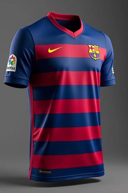 Barcelona jersey with stripes. Bright colors. Nike logo shown. Suitable for sports fans.