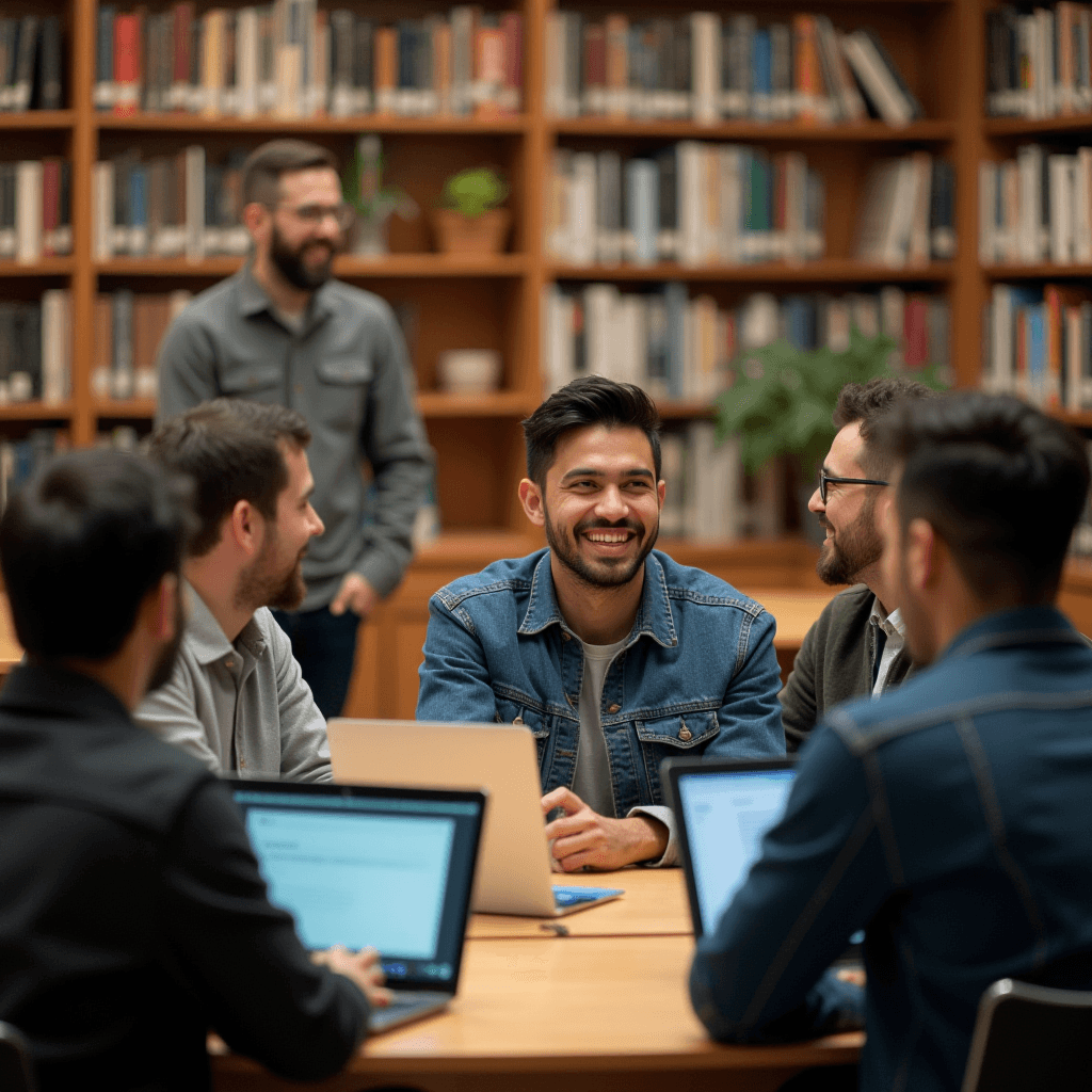 A group of young men engaged in a positive discussion while using laptops in a library setting.