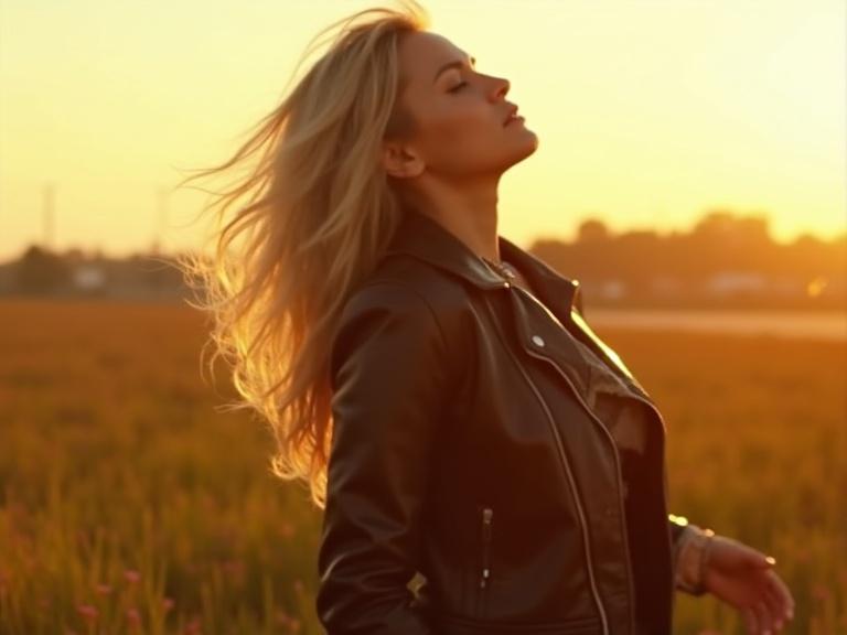 Woman poses in a leather jacket and pants. She leans back casually in a field. Eyes squinting at the sunlight during sunset. Blond hair flows gently in the wind. Cinematic feel is evoked.