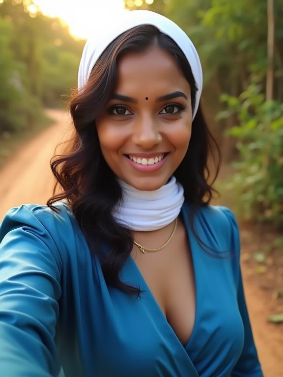 Selfie of a woman in Kerala outdoors. Warm golden light fills the scene. Subject is centered in frame. Taken from above with a smartphone. Loose dark hair. Modest blue silky abaya. White hijab draped partially. Subtle cleavage. Demure expression. Lush green background with a dirt path. Warm tones. Close-up with shallow depth of field.