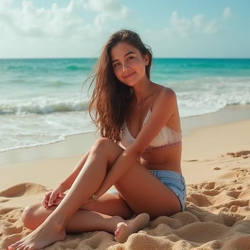 A teenage girl sitting comfortably on a red sandy beach. She wears summer apparel and enjoys the sunny day by the ocean. The beach has calm waters and a clear sky in the background.