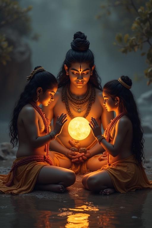 Mrikandu and Marudvati are depicted in prayer. Shiva is in front. A glowing baby is held gently in both hands. The scene has a mystical and serene atmosphere.