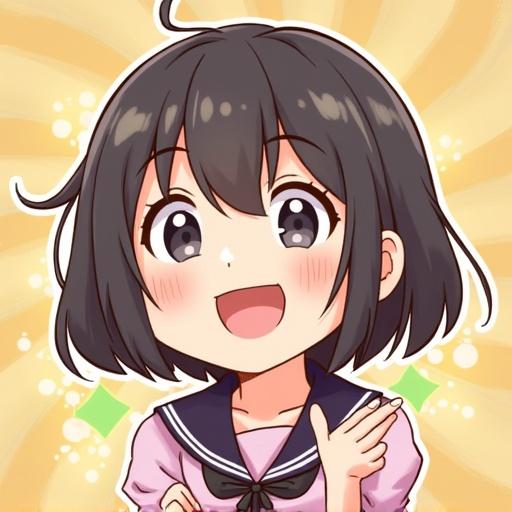 Character design of an animated girl. She has short black hair and a cheerful expression. Dressed in a pink shirt with a sailor collar. Bright and colorful background with sparkles. The character looks excited and friendly.