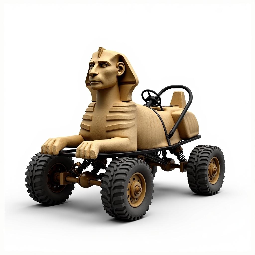 Hyper-realistic transformation of the Great Sphinx of Giza into a functional desert buggy. Sculpture retains weathered stone textures and iconic features. Integrates buggy components like rugged tires and handlebars. Wheels embedded into structure, handles blend with ancient design. Bright white background highlights details.