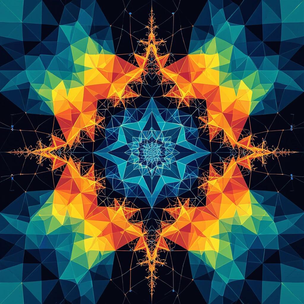 High tech album cover picture features geometric patterns inspired by Mandelbrot illustrations.