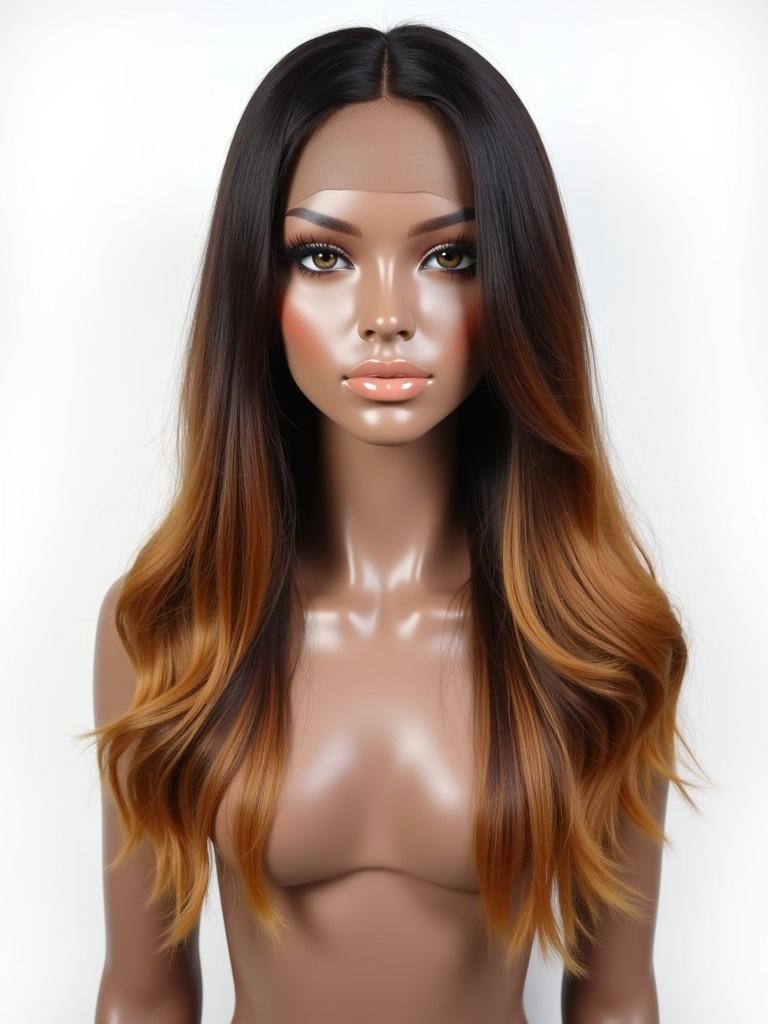 A mannequin displays a straight chocolate brown wig with honey and caramel highlights. The wig features a middle part. The style is shiny and pure in color with vibrant pop colors. The background is white. The mannequin has a sleek and modern look.