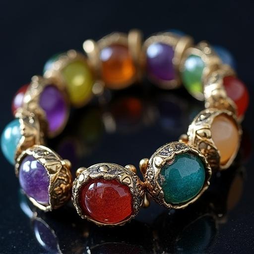 A high tech bracelet features the big 3 signs of a user's birth chart in astrology prominently displayed on the front. The strap consists of 8mm spherical gemstones arranged attractively.