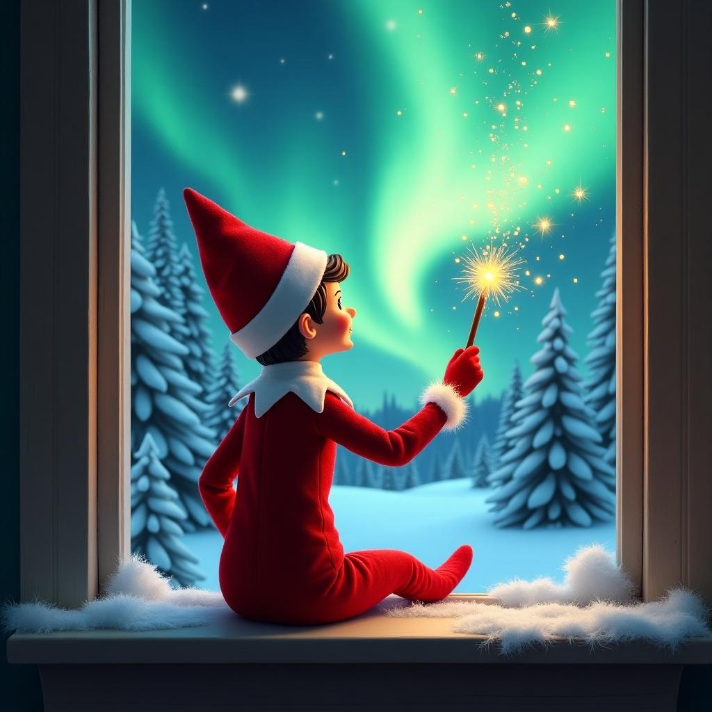 The image features an adorable elf on the shelf sitting on a window ledge, with his back turned to the viewer. He is using a magical wand to create twinkling sparks while looking up at a stunning display of northern lights. The background is set in a winter wonderland, filled with snow-covered pine trees, conjuring a festive holiday feel. Dressed in a vibrant red outfit with white trim, the elf embodies the Christmas spirit. The scene is illuminated by the enchanting colors of the aurora borealis, enhancing the magical ambiance.