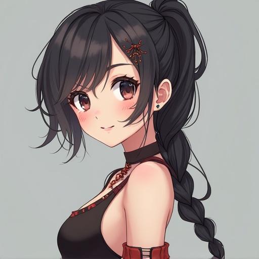 Japanese girl character in a stylish maid outfit with long black hair. Soft expression and charming appearance highlight anime aesthetics. The girl has a braid and subtle accessories enhancing her look. Background is simple and focuses on the character's features.