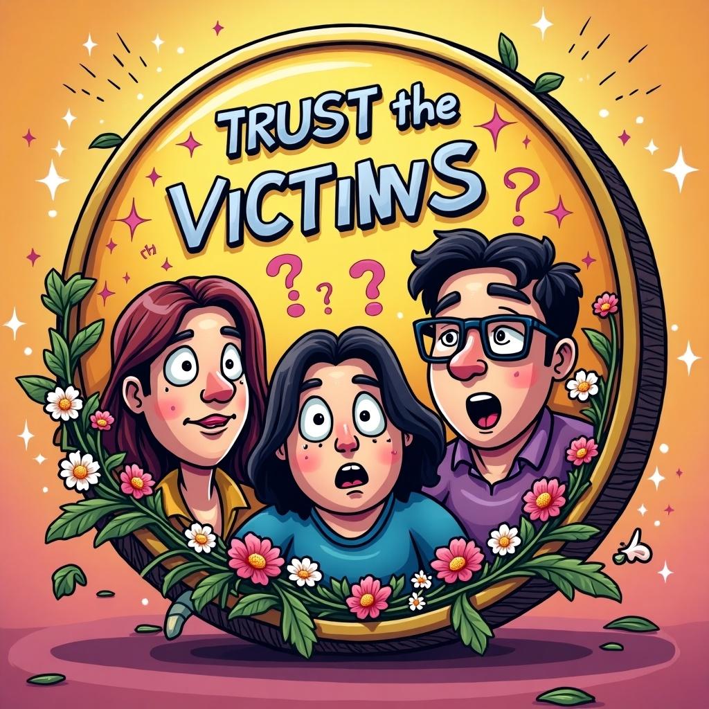 A humorous illustration of a cryptocurrency meme coin showcasing the phrase 'TRUST the VICTIMS'. Colorful circular emblem surrounded by flowers and cartoon characters. Emphasizes humor in cryptocurrency culture.