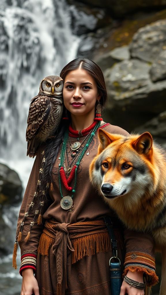 A woman in traditional attire stands with an owl perched on her shoulder and a wolf by her side against a waterfall backdrop.