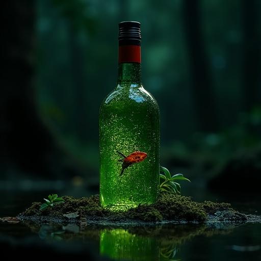 Wildlife photography in a tropical forest at night. Extreme darkness. A green wine bottle partially submerged in a black stream. A narrow beam of flashlight hits the bottle exclusively. Showing moss at the base. Dark sediment and decomposing leaves around. Suggestive shapes of plants in the depth. A feeling of discovery in a silent environment.