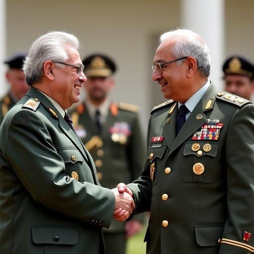 Dr. Abdul Qadeer Khan stands with Pakistani Army Chief Asim Muneer. Both men are shaking hands and smiling in a formal setting.