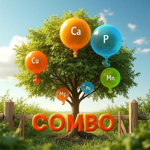 High-detail commercial-style photo of a healthy orange tree in a field with glowing bubbles. Bubbles represent elemental nutrients like Ca, P, Mn, and others. Word COMBO in a 3D bold font is on a wooden sign at a gate. Bright sunny sky in a spring atmosphere.