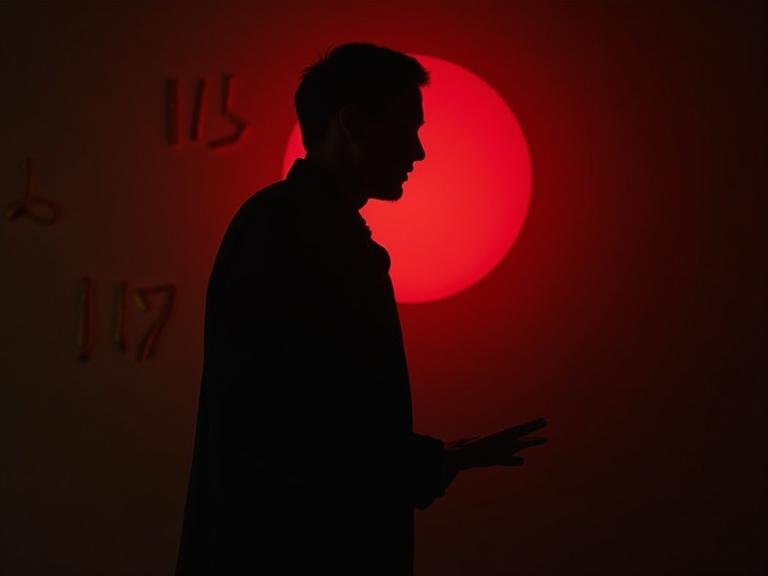 A historical figure from Pakistan in 1947 displayed in the foreground. Silhouette defined by dramatic red light. Background features black color with yellow flame effects and a large typographical representation of the year '1947'. A semi-transparent flag gently waving.