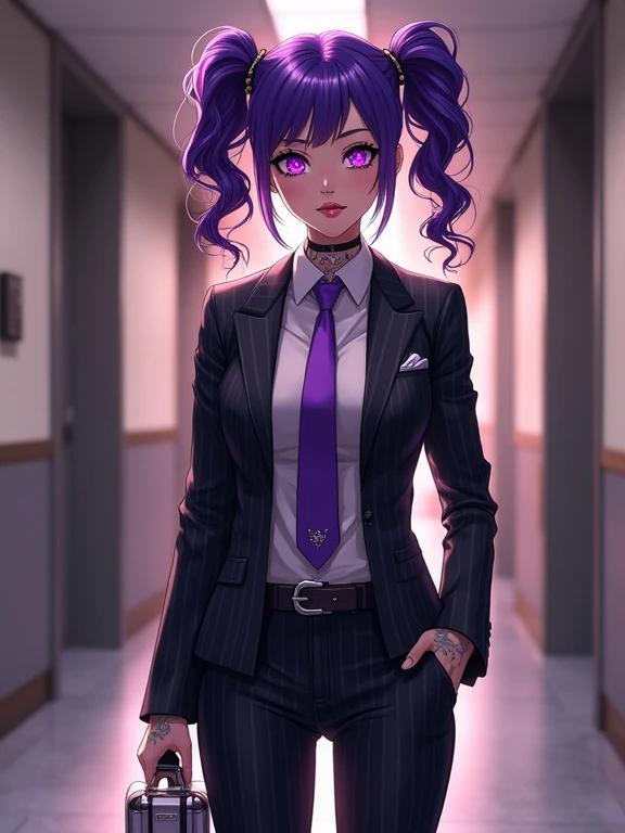 Anime character in a modern government building hallway. Woman is 24 years old and 6'1 tall. Wearing a pinstriped suit with purple accents. Has amethyst purple hair styled in curly pigtails. Carries a fitting steel briefcase. Dressed elegantly with colorful tattoos visible on arms. Evokes a cool and confident image. Soft morning light enhances the scene.