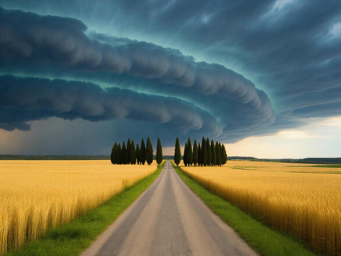 Dramatic landscape featuring a long road through a golden wheat field. Tall trees line one side with ominous storm clouds overhead. Strong contrasts in light and texture create an intense atmosphere.
