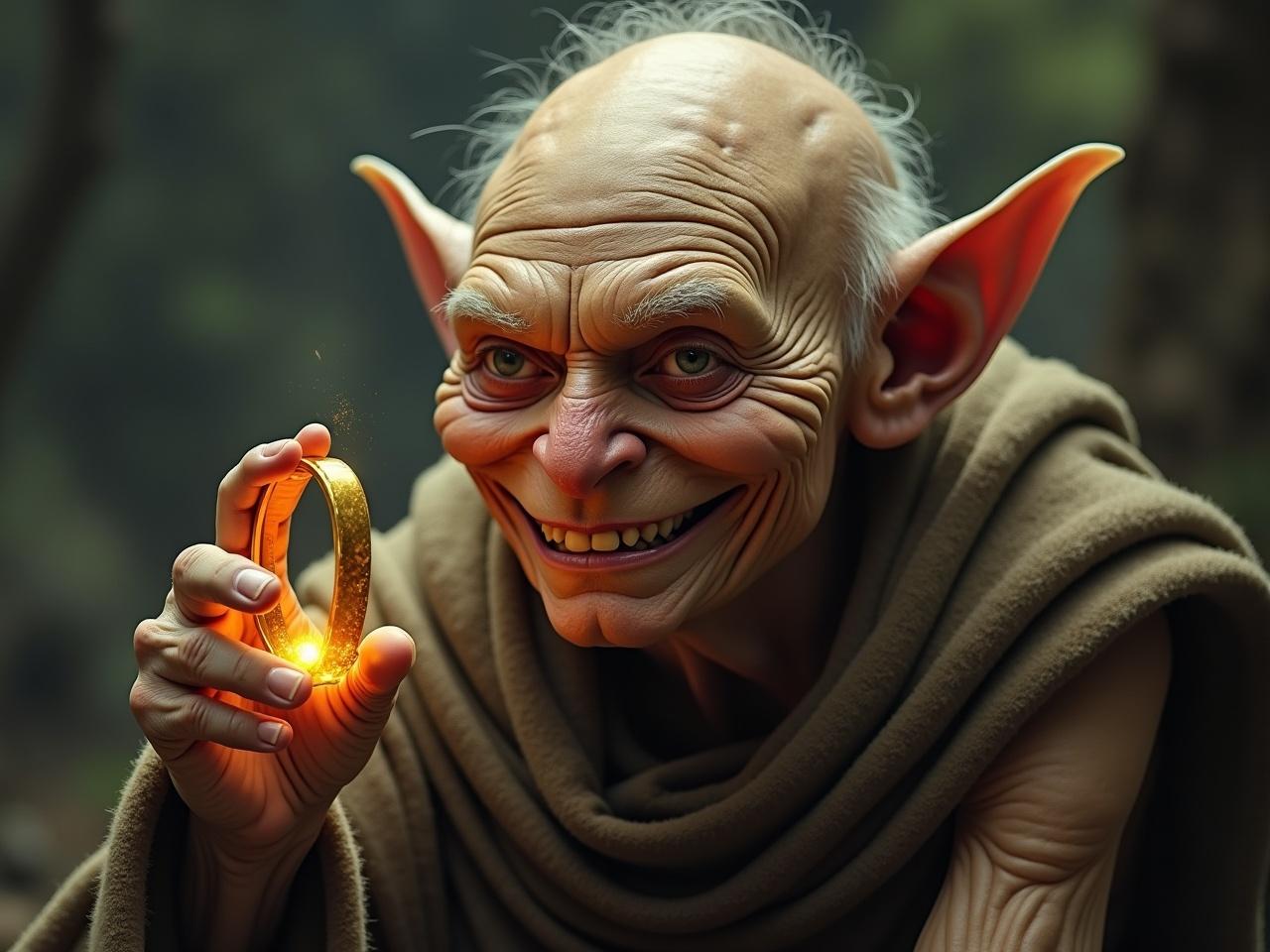 This image features a whimsical reinterpretation of a well-known fantasy character, Gollum, depicted with a face resembling Donald Trump. The character is smiling broadly while holding The One Ring, often referred to as 'His Precious'. In the background, the iconic White House adds a humorous political twist to the scene. The environment is lush and green, enhancing the fantasy elements. Soft lighting creates a magical ambiance, making the character stand out prominently.