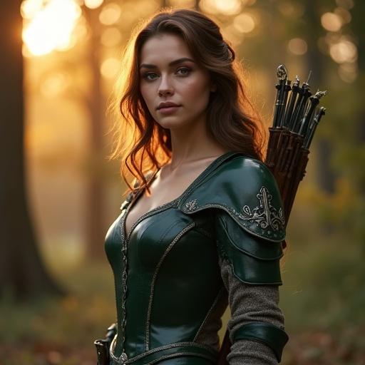 A beautiful 25-year-old female scout from head to waist in a medieval fantasy forest at dusk. She has porcelain skin and graceful curves in dark green leather armor with silver filigree and sheer fabric. Her hair is chestnut brown with golden highlights. A shortbow rests on her back, positioned in warm sunset light.