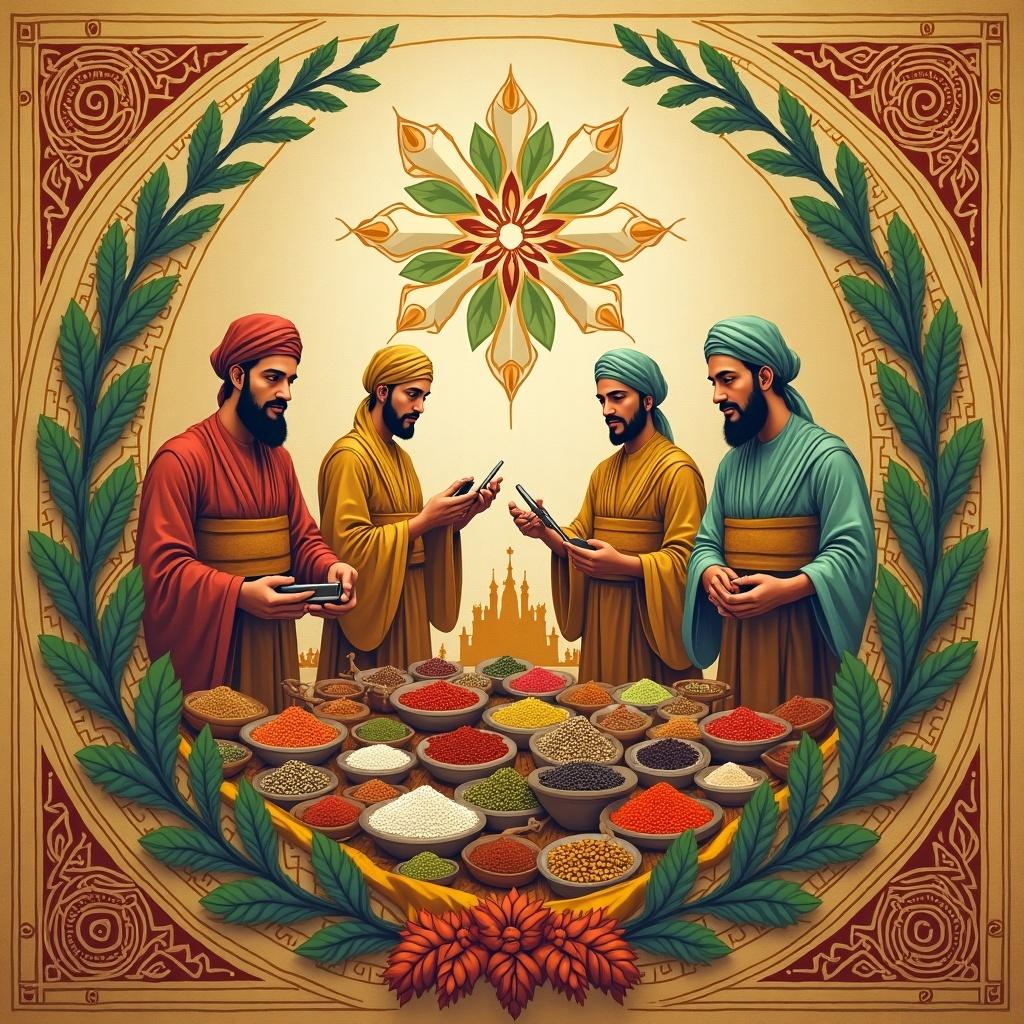 Illustration of four men engaged in trade, showcasing an array of spices. The background features Islamic floral motifs and cultural symbols, highlighting the historical significance of halal practices in food.