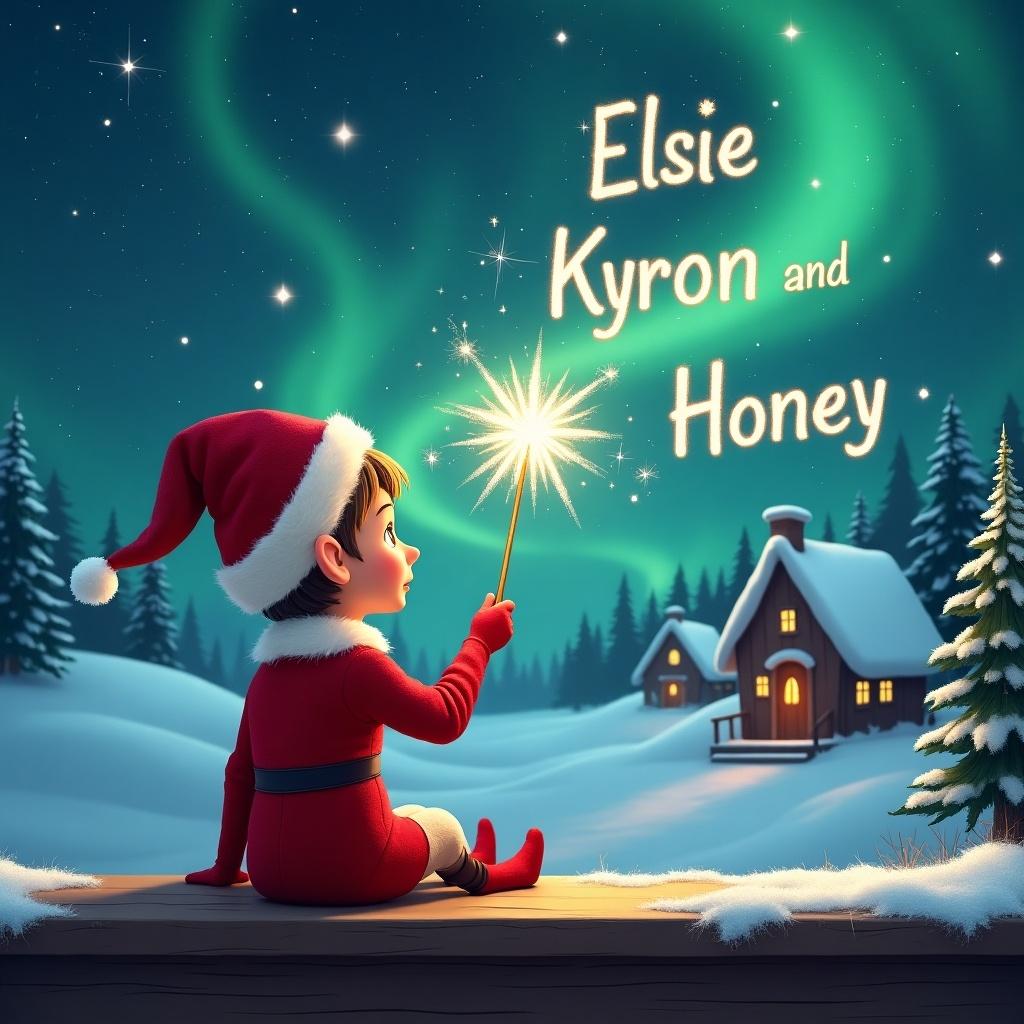 Elf in red outfit gazes at magical sky. Sparkling wand writes names in stars. Snowy landscape and charming houses. Northern Lights shimmer above. Captures childhood magic and Christmas spirit.