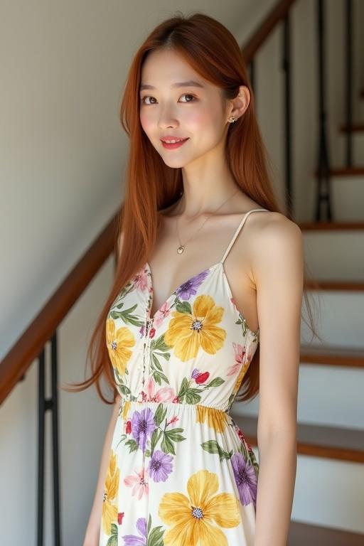 A young woman wearing a floral spaghetti strap summer dress with a light cream-white base. Vibrant multicolor floral print with large yellow flowers and purple blossoms. She has long straight auburn hair and a soft smile. Indoors near a staircase with natural light illuminating her.