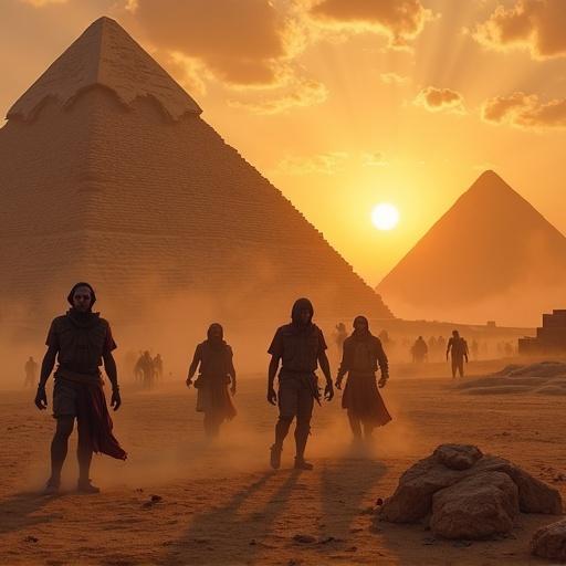 Zombies appearing near the pyramids of Giza during sunset. Dark silhouettes of figures in the foreground surrounded by dust against the iconic structures.