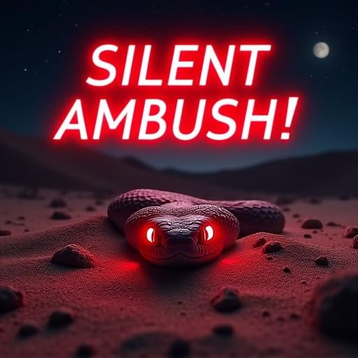 A Sidewinder snake hides under the sand with glowing eyes. The environment is a starry desert night. Moonlight reflects off the snake’s eyes. Bold red text reads Silent Ambush with a snake emoji. A dark atmosphere surrounds scattered rocks. Sand grains enhance realism. Colors create suspense. The image feels like a horror film still.