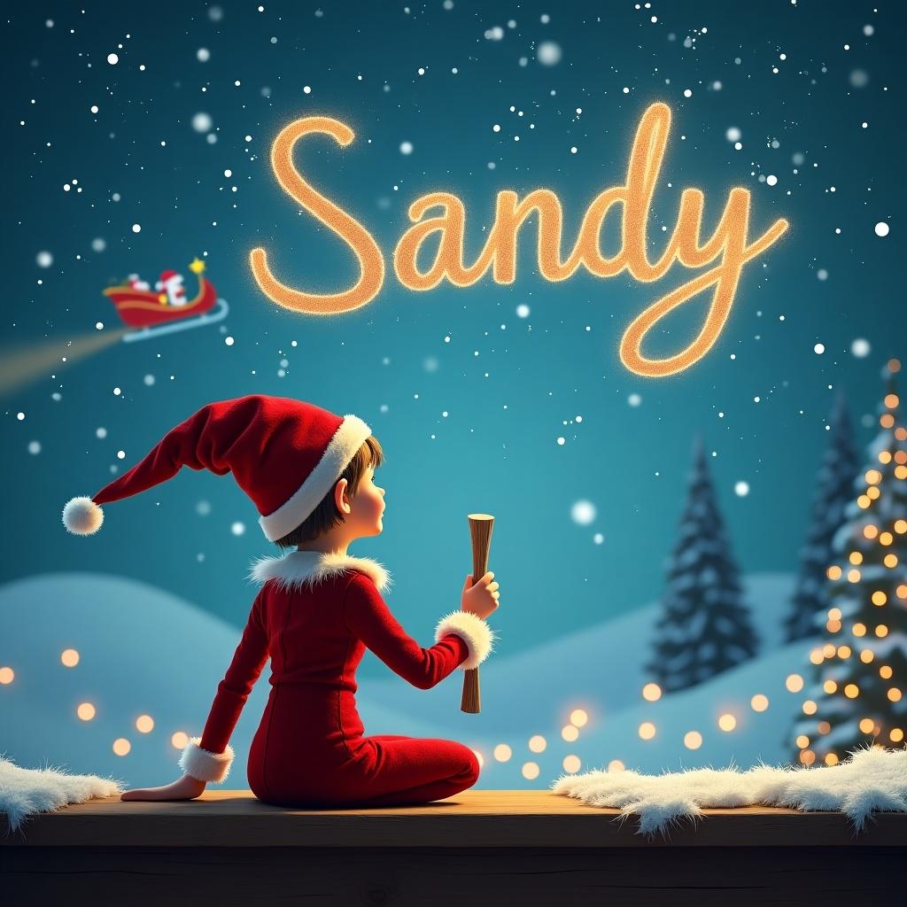 An elf sits on a wooden ledge with its back to the camera, gazing at a magical sky where Santa's sleigh is flying. The elf is dressed in a red pointy hat and a matching Christmas outfit. The elf is using a magical wooden stick to spell 'Sandy' in the sky. The scene is illuminated by soft, glowing lights, creating a whimsical atmosphere. Surrounding the elf are snowy trees and a decorated Christmas tree in the background.