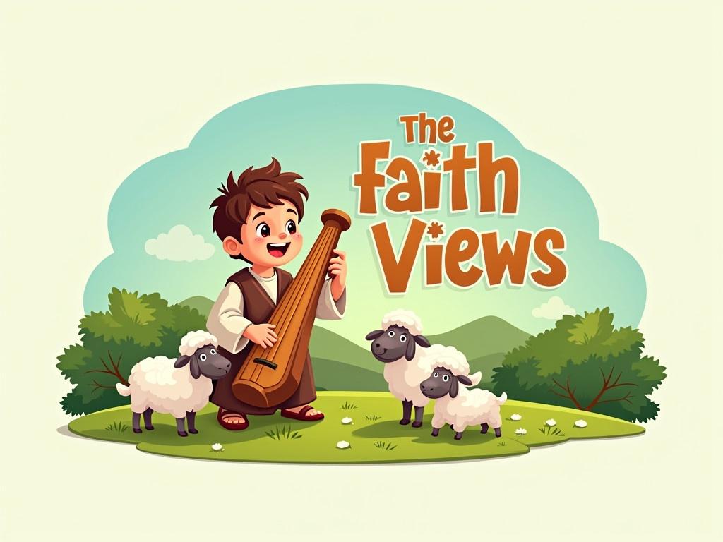 Create a logo for a YouTube channel inspired by ancient biblical times. The logo should prominently feature the text 'The Faith Views' in a cheerful and inviting font. In the background, include a hyper-realistic illustration of a boy playing a harp amidst a lush green landscape. Add cartoon sheep grazing peacefully around the child to enhance the pastoral scene. Ensure that the overall feel is bright and positive, capturing the essence of faith and joy.