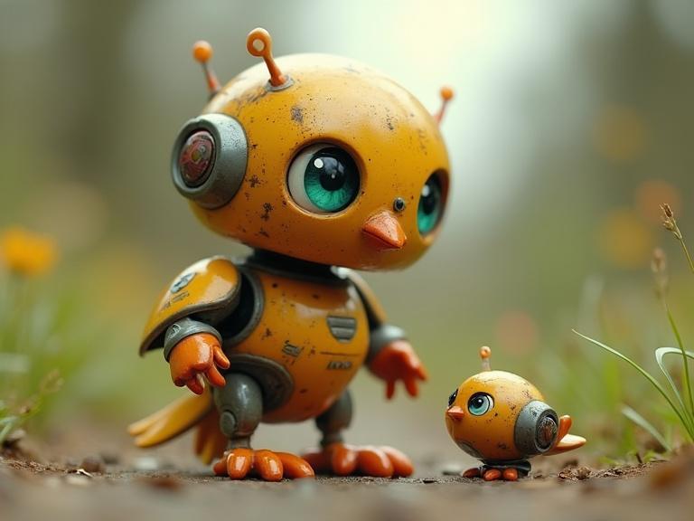 Adorable sci-fi creature outdoors. A toy robot bird has blinking eyes and looks down at a spare part in confusion. The bird then looks back up at the viewer and blinks.