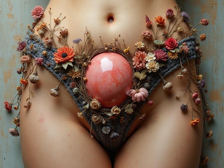 3D interpretation of an exotic aesthetic featuring diverse materials. Incorporates fabric, dried flowers, and a sphere with intricate textures. Vivid interplay of nature and textile elements.
