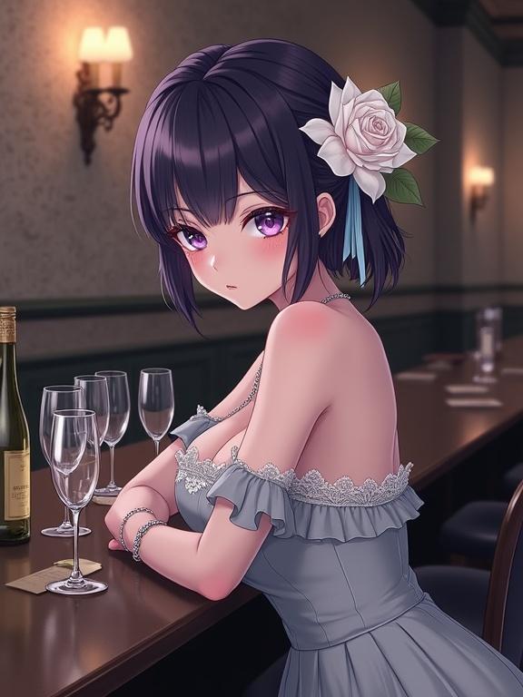 A woman with dark violet hair and white rose wearing light gray dress at bar. She looks pensive, surrounded by wine glasses. The room features muted tones and ornate lamps.