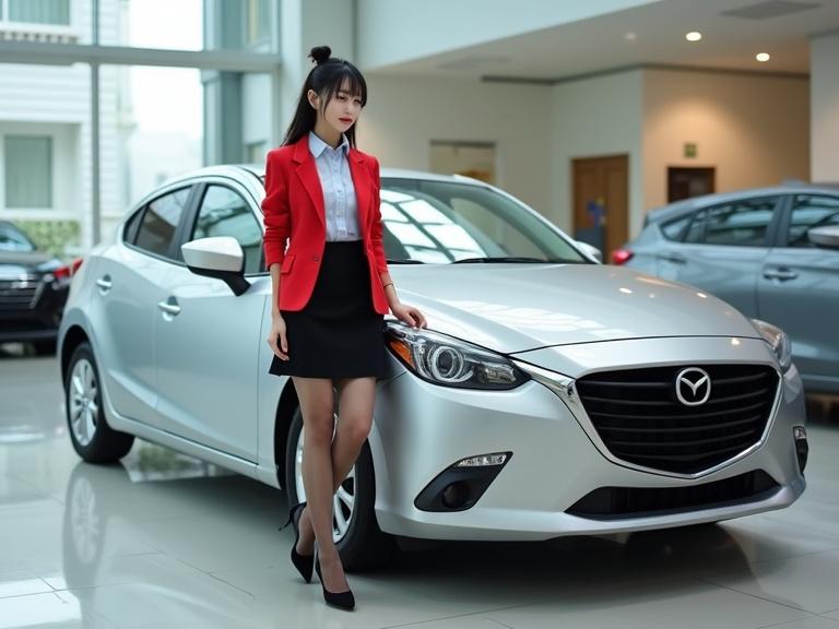 Full-body image of car saleswoman in car dealership. She has jade-white legs in sheer black pantyhose and black closed-toe heels. Dressed in a light-blue chiffon shirt tucked into a black knee-length skirt. Wearing a rose-red blazer. Hair is neatly bunned. Smiling softly. Leaning against a silver sedan.