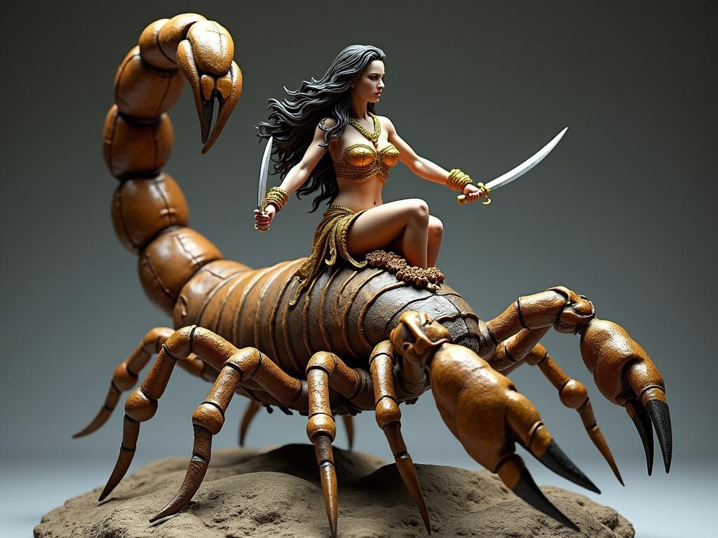 Resin sculpture of a goddess wielding two daggers mounted on a giant scorpion. The goddess has long dark hair and golden armor inspired by Scorpio. The scorpion has thick legs and an upward-curled tail. The composition exudes strength and beauty in a semi-realistic style.