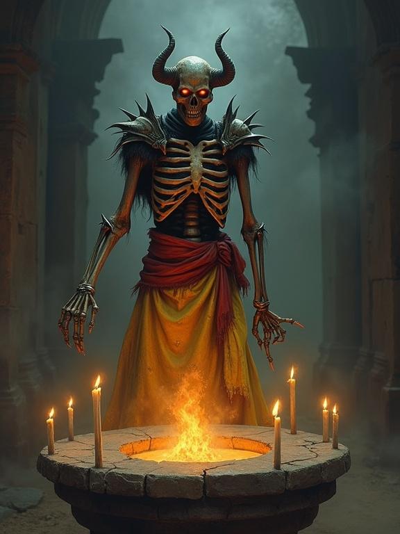 Dark lich skeleton floats above a stone pedestal surrounded by candles. Glowing red eyes and spiked crown create a powerful aura. Long tattered yellow skirt with a dirty red sash. Arm reaches towards a glowing spell.