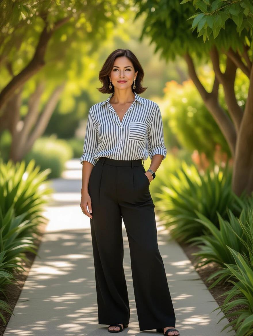 Photograph of a Mexican woman in her 40s. She has dark short hair. Wearing a striped shirt and wide-legged pants. Calm and neutral expression. Upright and relaxed posture. Blended into a green outdoor scene. Surrounded by trees and sunlight filtering through leaves. Shown from the waist up.