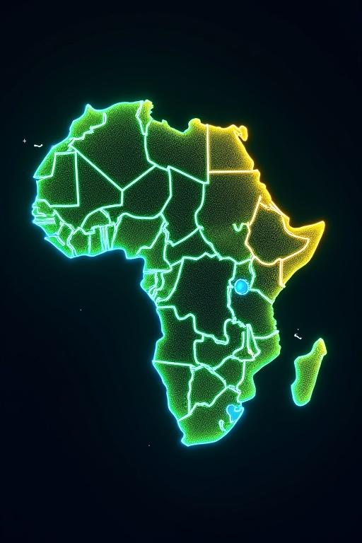 Futuristic graphic design of the world map highlighted with neon colors. Sub-Saharan Africa marked in green. South Asia highlighted in blue. Middle East and North Africa shown in yellow. Digital elements incorporated throughout. Neon accents enhance the visual appeal.