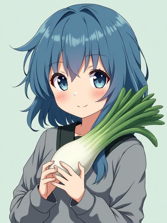 Anime style girl with blue hair wearing grey clothing and holding a leek. The background is simple and pastel.