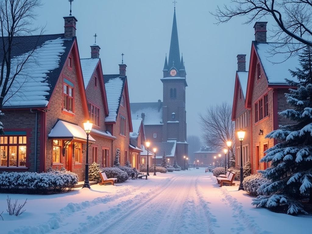 A beautiful winter scene showcasing a snow-covered town square in the evening. The buildings are adorned with warm lights, charmingly illuminating the surroundings. The architecture displays lovely details, with intricate designs and shades of pastel colors. The ground is blanketed in fresh white snow, and no people are present in the scene. A quaint church is visible in the background, adding to the magical atmosphere of this snowy landscape.