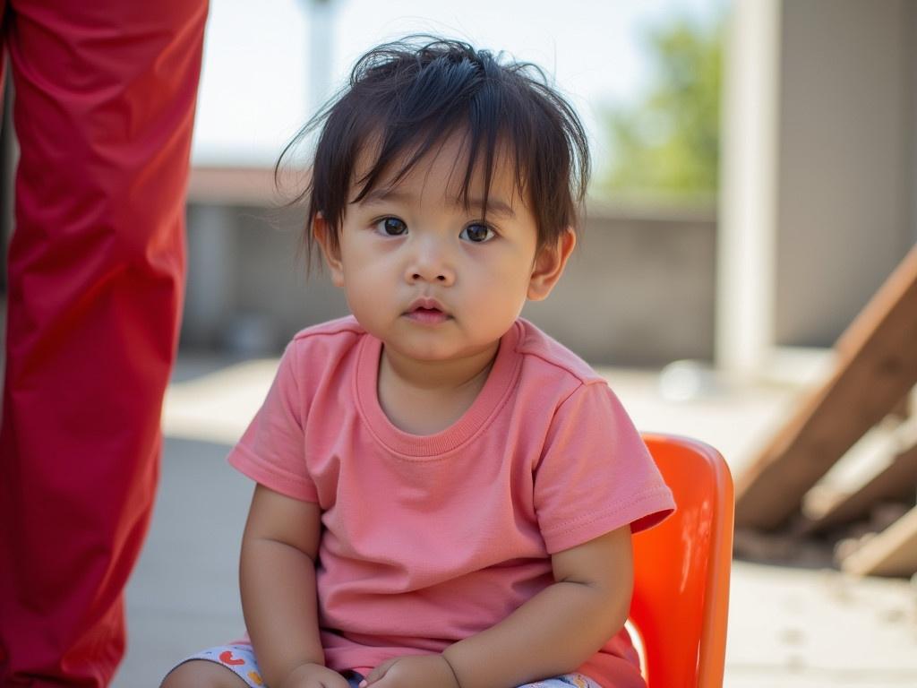 The image shows a young child sitting on a plastic chair. The child is wearing a pink t-shirt and is casually relaxed. The background features a bright and sunny outdoor setting with some construction materials visible. There is another person in red attire partially visible next to the child. The focus is on the child's posture and the casual environment, capturing a moment of everyday life.