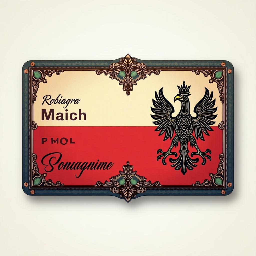 This image features a novelty ID card inspired by Poland. It showcases a bold red and white color scheme representing the Polish flag. At the center is a stylized eagle, a national symbol of Poland. The text includes a fictional name and details, adding a humorous twist. This ID card can be used for creative purposes, themed events, or as a fun gift.